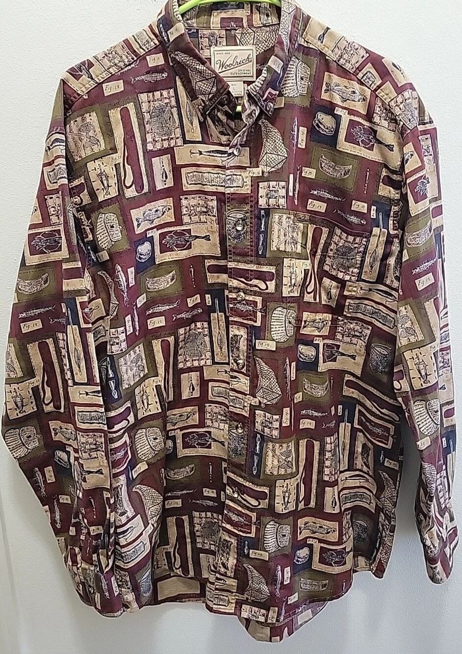 Woolrich Shirt Men's Large Rustic Fly Fishing AOP Button Down Long Sleeve Cotton